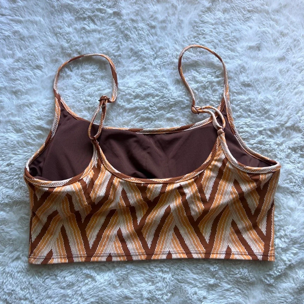 Aerie Real Good Orange Brown Chevron Geometric Scoop Neck Bikini Top Small NWOT